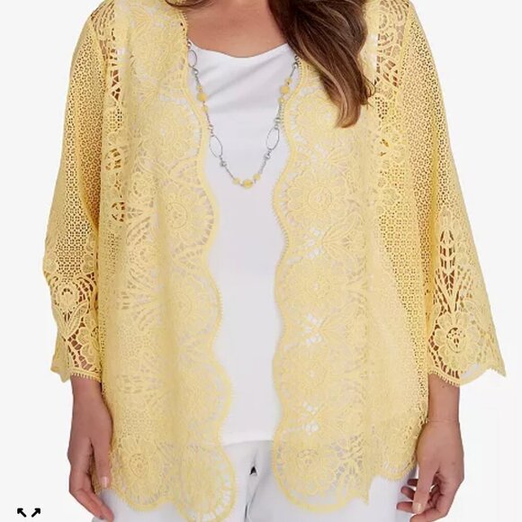 Alfred Dunner Bright Yellow Lace Open Cardigan Overlay Formal Topper Summer NWT - Picture 7 of 7